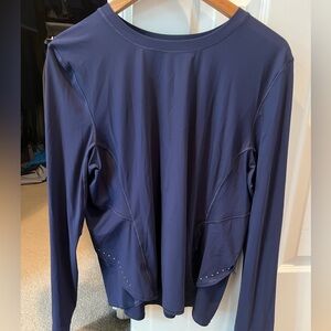 Lululemon navy blue long sleeve shirt, cross cross back detail, thump holes, 14